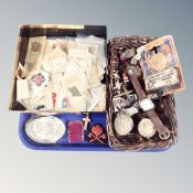A tray of cigarette silks, brass paperweight, matchbox, silver jubilee bus, Limit watch,
