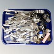 A tray of set of Insignia plated cutlery, cookie cutters,
