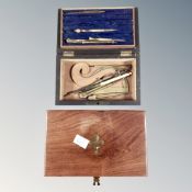 A mahogany cigar box together with a mahogany box containing drawing instruments
