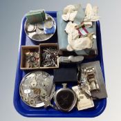 A tray of hip flask, antique and later keys, crucifix pendant, tin of crowns,