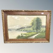 Continental School : boats on a lake, oil on canvas.