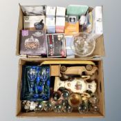 Two boxes of wooden pieces, pair of boxed Gleneagles crystal glasses, continental glass,