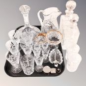 Two crystal whiskey decanters together with tray of crystal and glass, water jug, decanter,