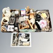 Three boxes and a tray of kitchen items, coffee pot, soda siphon,