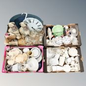 Four boxes of tea and dinner ware, Wedgwood, door stop, wall clock,