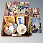 Two boxes of Spanish chalk house figures, glazed picture tiles, clown ornaments,