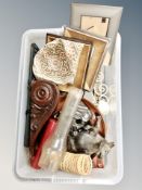 A box of 1960's wrought iron framed mirror, photo frames, wooden pieces,