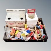 A box of 20th century Chad Valley washing machine, Mettoy tin plate range cooker,