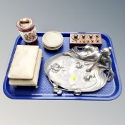 A tray of set of ten antique graduated brass weights on stand, metal Art Nouveau dish,