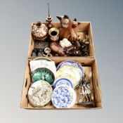 Two boxes of contemporary figurines, metal hookah pipe,