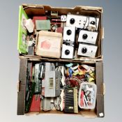 Two boxes of Tri-ang, rolling stock, buildings, H & M control supply units (5),