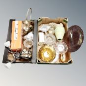 Two boxes of glass ware, lustre pottery vase,