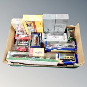 A box of die-cast vehicles, Corgi classics, Oxford commercial haulage, Atlas Battleships, all boxed.