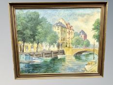 Continental school : View along a canal, oil on canvas,