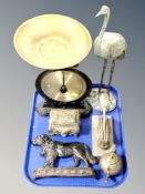 A tray of antique and later metal pieces, desk stamp, Salter 45 scale, Sintra table box,