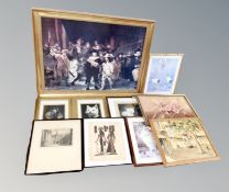 Nine assorted pictures - Dogs, antique monochrome engraving,