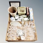 Two boxes of glasses, tureen, antique twin handled dish, tea china, planters,