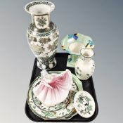 A tray of assorted ceramics, Mason Chartreuse, Oriental vase, Crown Devon fieldings vase and plate,
