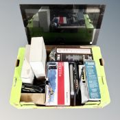 An Acer 23 inch lcd flat panel monitor together with a box of AGFA photo printer, routers,