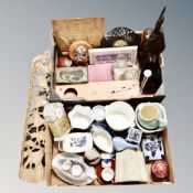 Two boxes of ceramics, figures, wall clock,