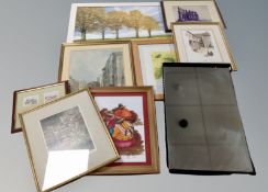 A metal framed mirror together with a pictures, Judy Boyes and signed prints rural scene,