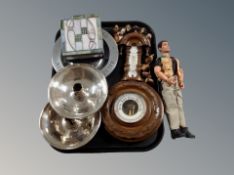 A tray of carved barometer, Wade whimsies, United States seal ashtray,