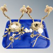 A pair of gilt metal and marble two-way wall sconces together with further gilt metal and ceramic