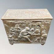 A 19th century embossed brass twin handled storage box