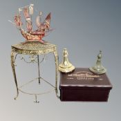 A contemporary stitched leather French style wine box with lid together with a metal plant stand,