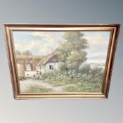 K Hallgrenn : Thatched cottage with chickens, oil on canvas,