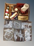 Two boxes of six wooden printing blocks, glass ware, Maling, Ringtons tin depicting Whitley Bay,