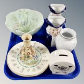 A tray of ceramics, Woods and Sons Quaker jugs, Arthur Wood money box, Denby vase,