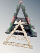 Two Scandinavian carved beech wall shelves