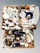 Two boxes of Scandinavian ceramics, tea ware, spice jars, stainless ice bucket, clock under shade,