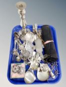 A box of assorted plated flat ware, pair of Johan Gensen candle holders,