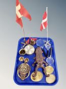 A tray of miscellany to include miniature brass pestles, beetle boot jack, magnifying glasses,