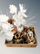 A box of brass and copper flagons, pair of decorative vases, continental figure.