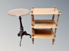 A mahogany three tier occasional table together with a tripod table