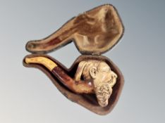 A Meerschaum pipe modelled as a bearded man in case