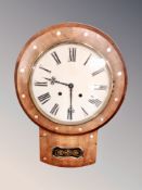 A late 19th century inlaid mahogany drop dial eight day wall clock.