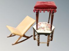 A hexagonal tapestry beech stool,