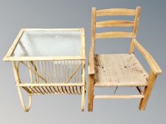 A bamboo and frosted glass magazine table together with a child's chair