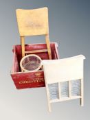 A vintage pine crate bearing advertisement, a pine wash board,