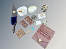 A group of collectables including silver plated urn-shaped pot, leather wallet,