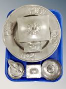 A tray of Art Nouveau pewter table cigarette box with matching matchbox holder,