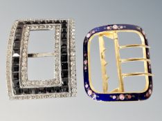 A yellow metal buckle with floral and blue enamel decoration,