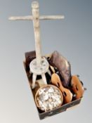 A box containing poss stick, wooden bowls, quantity of sea shells, book slide etc.