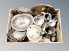 A box of metal wares including silver plated baskets, bottle coaster, pewter tankards etc.