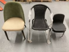 Two metal framed garden chairs together with a modern dining chair and two child's chairs