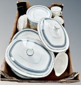A box of mixed Royal Doulton and Duchess dinner ware including two lidded tureens etc